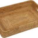 Rattan Serving Tray, Rectangle Coffee Table Tray with Handles, Decorative Ottoman Tea Tray Wicker Basket for Coffee, Bread, Fruits, Snacks, Breakfast, Drinks, Table Decor