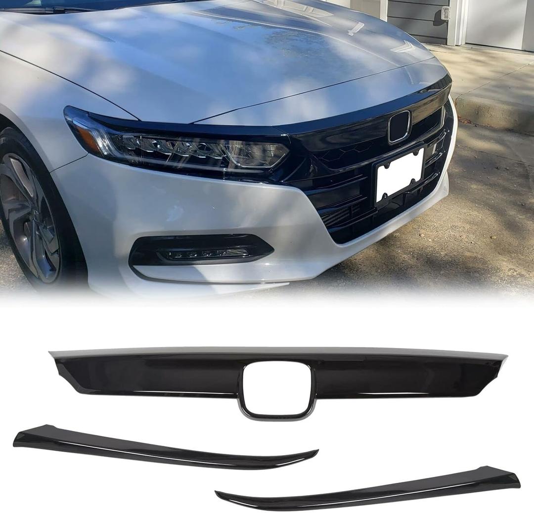 ECOTRIC Front Grille & Eyelid Cover Set Compatible With 2018-2020 Honda 10th Accord Sedan 4DR ABS Glossy Black Lip Bumper Upper Grill Molding Trim 3PCS
