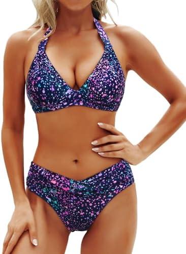 Yonique Women Two Piece Bathing Suits Push Up Bikini Set Halter Swimsuit Vintage Swimwear M