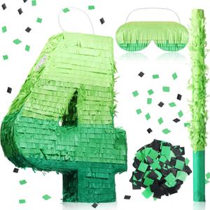 Number Piata Decorations 16 Inch Gradient Green Piata with Blindfold Stick and Confetti for Birthday Baby Shower Safari Jungle Themed Party Supplies Centerpiece