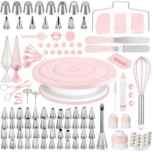 Kootek 158 Pcs Cake Decorating Kit with Cake Turntable, 64 Piping Tips Set, 50+2 Pastry Bags, Frosting Spatulas, Leveler, Scrapers, Fondant Molds, and More Baking Supplies Decorating Tools (Pink)