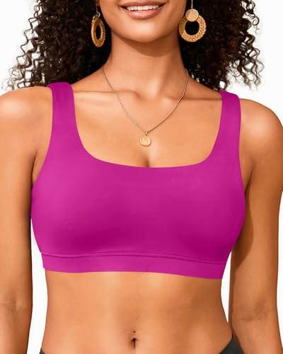 Women Sport Bra Swimsuit Top - Swim Bra Bikini Top Only Scoop Neck Bathing Top 2025 Swimwear Purple Pink L