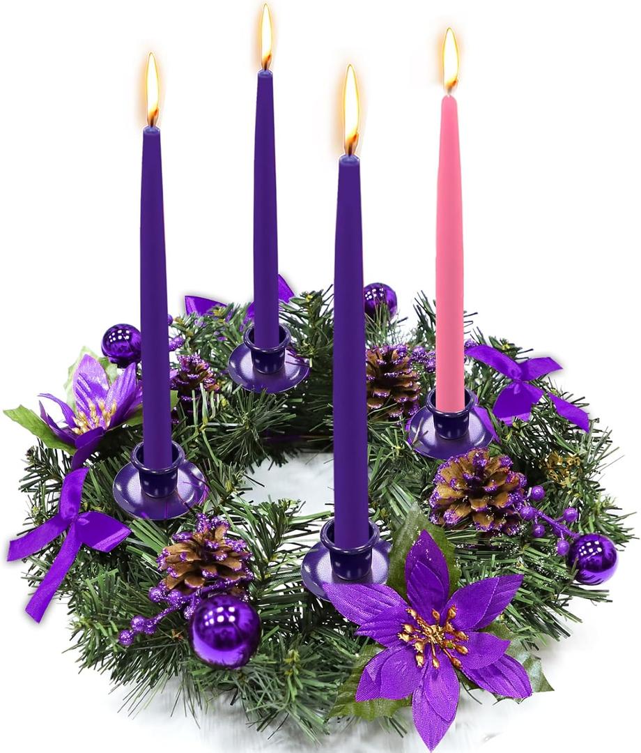 [Safety Fire Retardant] Christmas Purple Advent Wreath Decor 4 Advent Candle Holder with 4 Pinecorn 4 Ribbon 2 Poinsettia 4 Ball 4 Berry Christmas Centerpiece Table Decorations Home Indoor(No Candles)