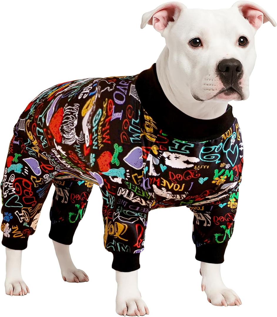 LovinPet Large Dog Pajamas, Wound Care/Post Surgery Shirt, UV Protection, Love My Dog Text on Black Print, UV Protection, Pet Anxiety Relief, Large Dog Onesies, Pet PJ's/Medium