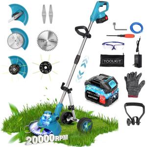 20000 RPM Electric Weed Wacker with Wheel,12 Brushless Cordless Weed Eater Battery Powered, 4-in-1 Brush Cutter/String Trimmer/Grass Trimmer/Lawn Mower,Edger Stringless Weed Trimmer,5 Blade,2 Battery