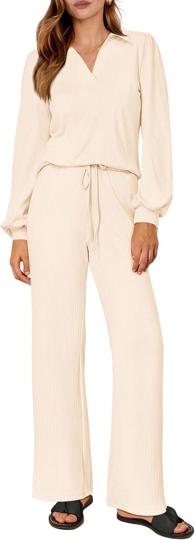 PRETTYGARDEN Womens 2024 Fall Two Piece Outfits Set Long Lantern Sleeve Lapel V Neck Pullover Tops Wide Leg Pants Sweatsuits (Beige, Large)