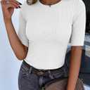 ANRABESS Womens Half Sleeve Crewneck Tops Ribbed Knit Slim Fit Shirts Basic Tee 2026 Spring Summer Dressy Casual T-Shirts (White, L)