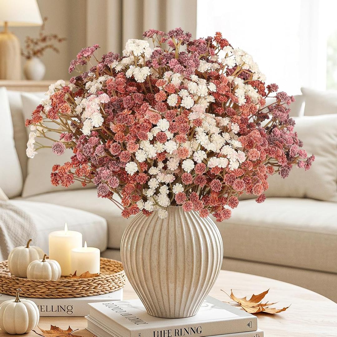 Baby Breath Flowers Fall Flowers Artificial Bulk, 10Pcs Fall Decor Fake Gypsophila Plants Bouquets Flowers Real Touch Faux Babies Breath Arrangement for Home Autumn Wedding Vase Decoration Fall Orange