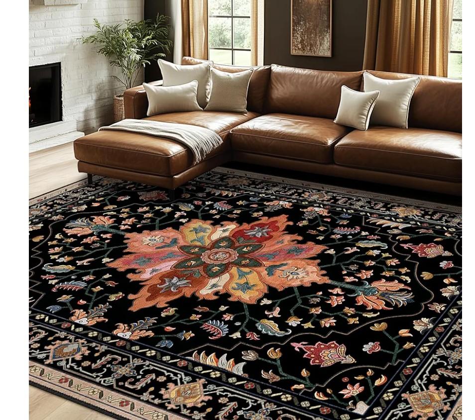 Area Rugs 8'x10' Washable Non-Slip, Floral Vintage Distress Print Pattern Medallion Carpet for Living Room Bedroom Dining Room, Black Colorful Floral Dark Tan