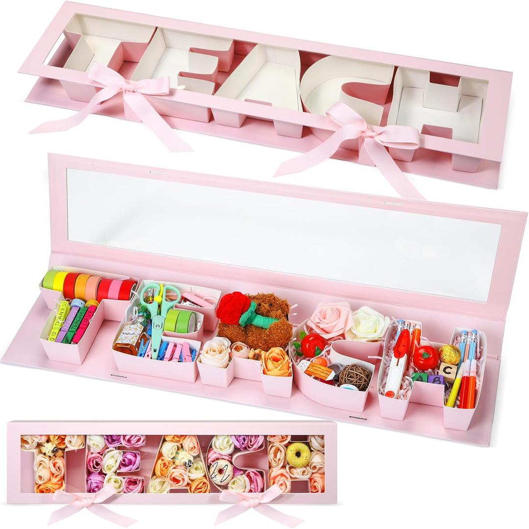 2 Pcs Teacher Appreciation Gift Boxes Thank You Gifts for Teacher Back to School Gifts Empty Teach Letter Flower Box Fillable Chocolate Strawberry Candy(Pink)