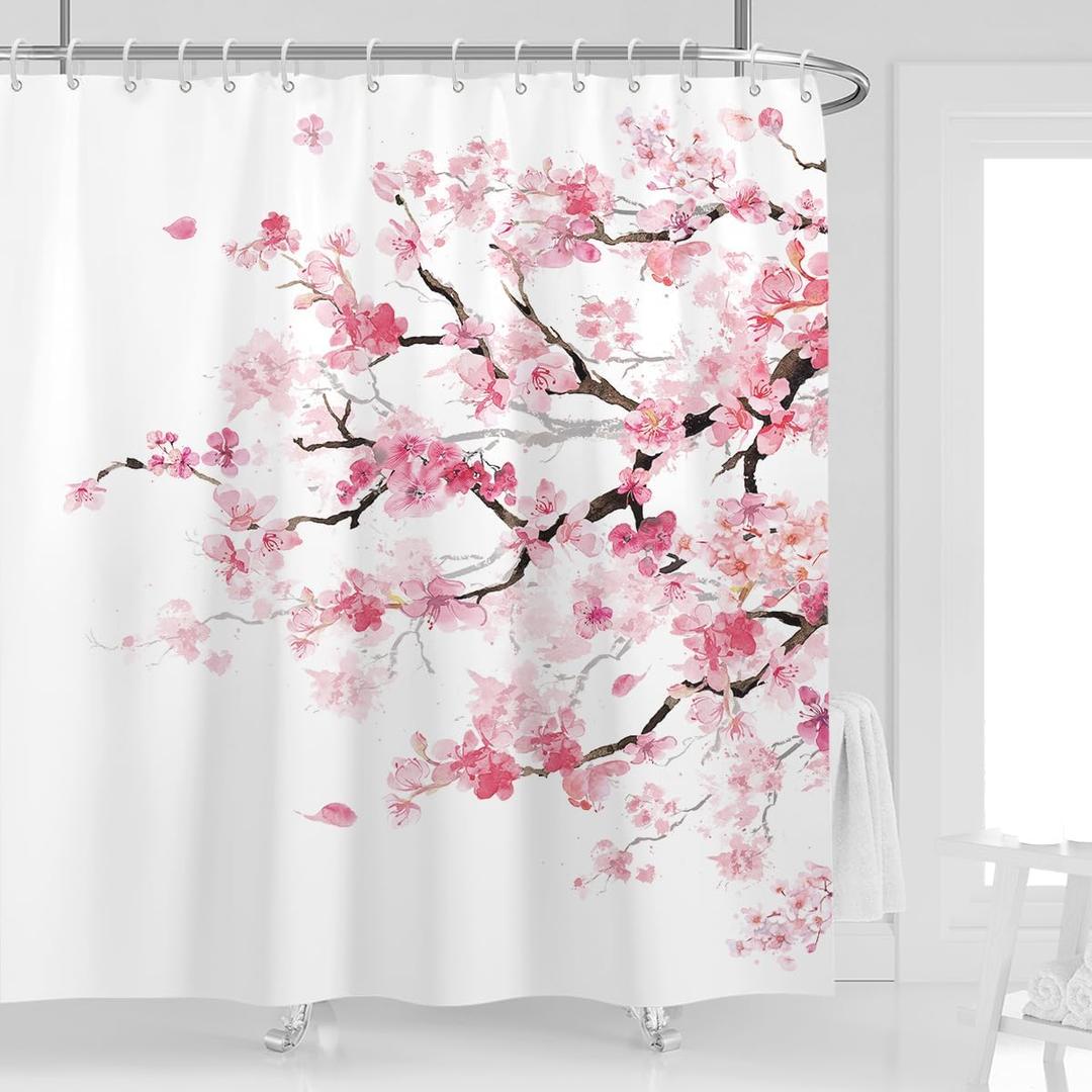 Pink Cherry Shower Curtain 72''W x 72''L Standard White Floral Flower Sakura Plum Blossom Japanese Asian Anime Cute Girl Girly Pretty Style Polyester Fabric 12 Pack Plastic Hooks