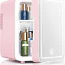 CUTIEWORLD Skincare Fridge with Dimmable LED Light Mirror, 4L Mini Fridge For Desktop, Travel or Cool & Heat, Makeup Fridge for Cosmetics, Skin Care and Food, Pink