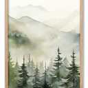 EcoHest Modern Sage Green Mountain Framed Wall Art, 12x16 in OAK Wood Pine Forest Canvas Wall Art, Minimalist Abstract Nature Bedroom Decor, Set of 1 For Living Room Bathroom