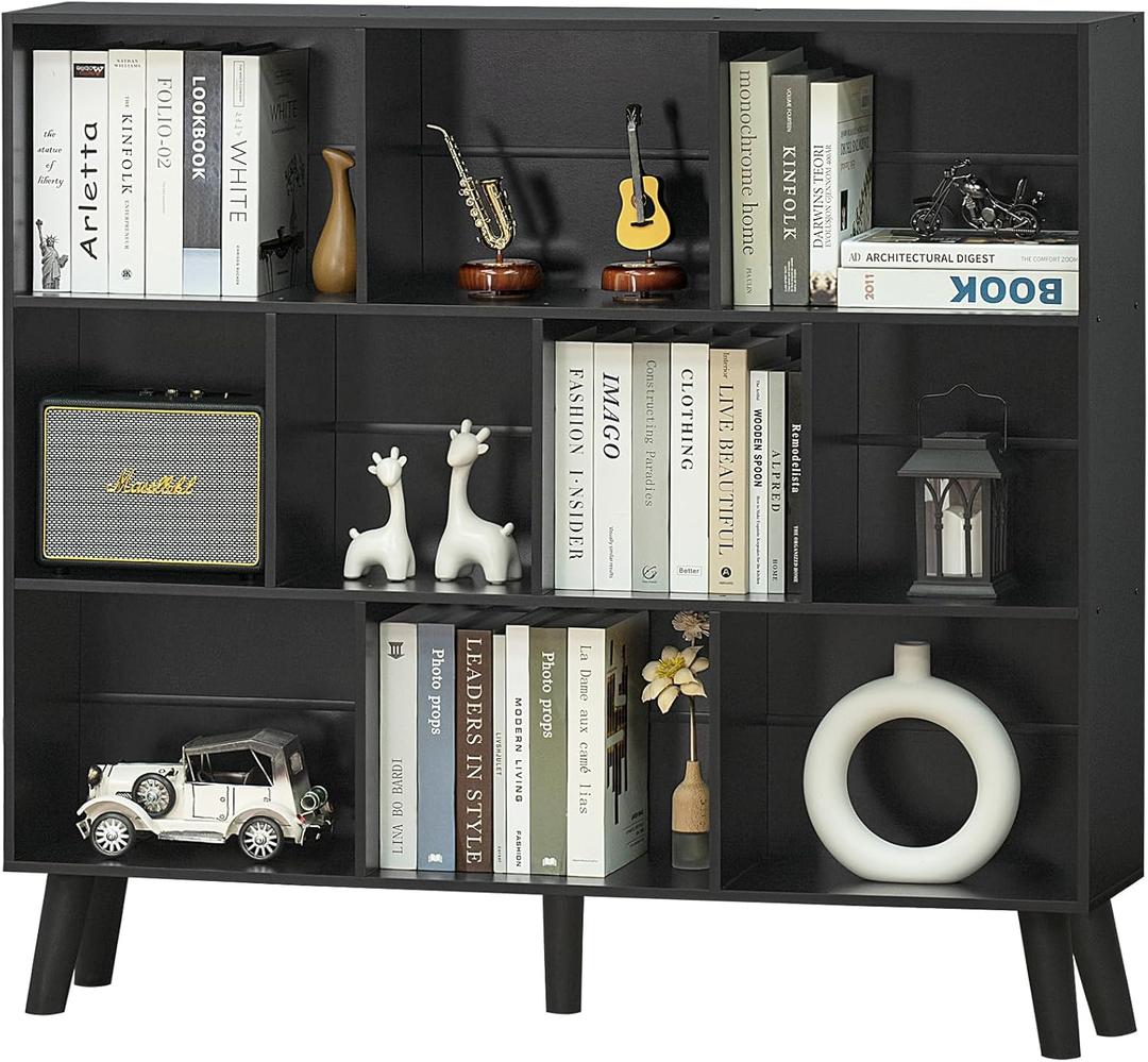 YAHARBO 10 Cube Bookshelf,3 Tier Bookcase with Legs,Black Mid-Century Modern Bookshelves,Large Free Standing Open Storage Organizer Shelf,Tall Wooden Book Case Furniture for Bedroom,Living Room,Office (120CM, Black)