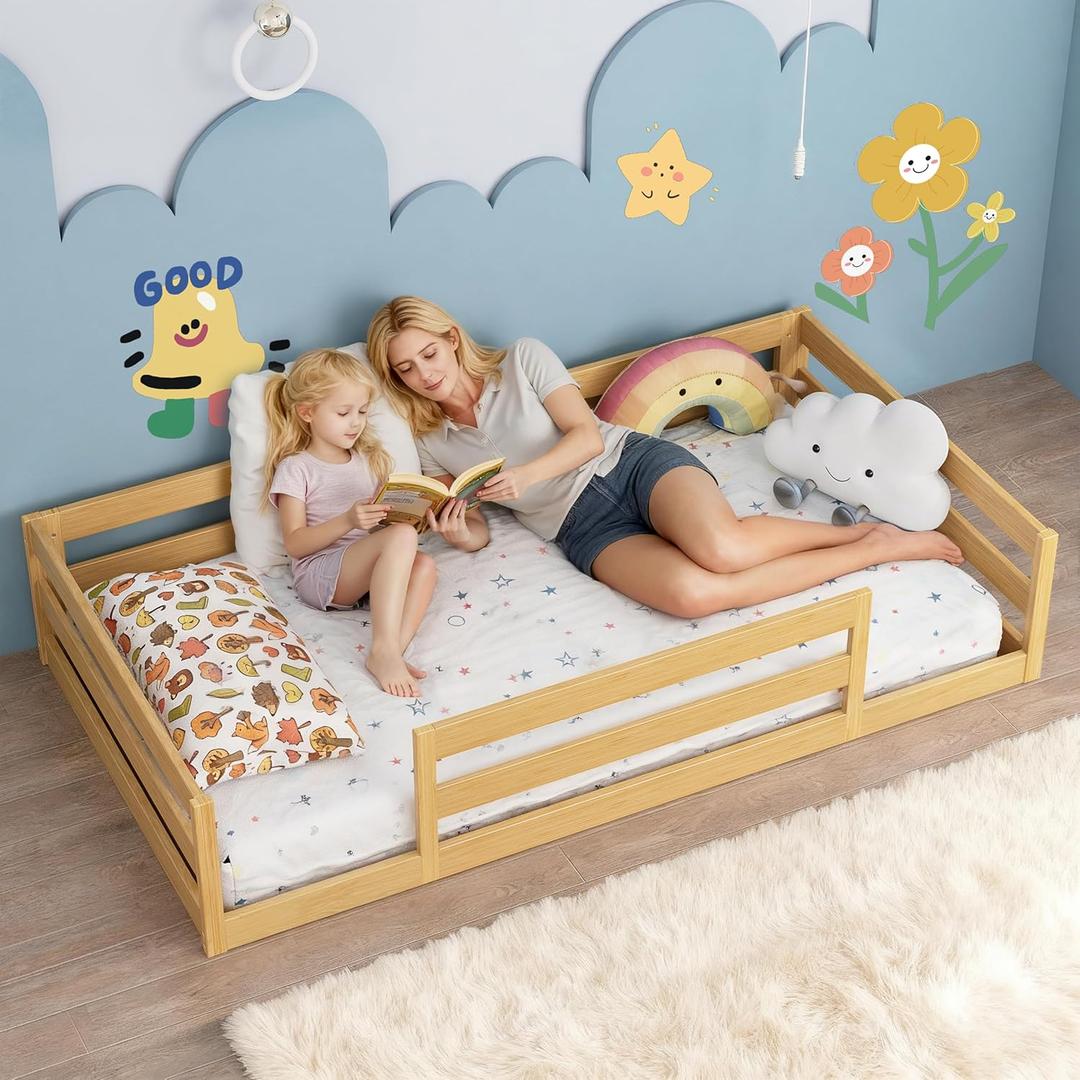 Twin Size Floor Bed for Kids, Toddler Floor Bed with Safety Guardrails, Solid Wood Montessori Bed Frame