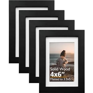KINLINK 4x6 Frame Black, Solid Wood 4 x 6 Picture Frame with Acrylic Plexiglass for 3.5x5 with Mat, Tabletop and Wall Display Photo Frames 4x6 Black, 4 Pack