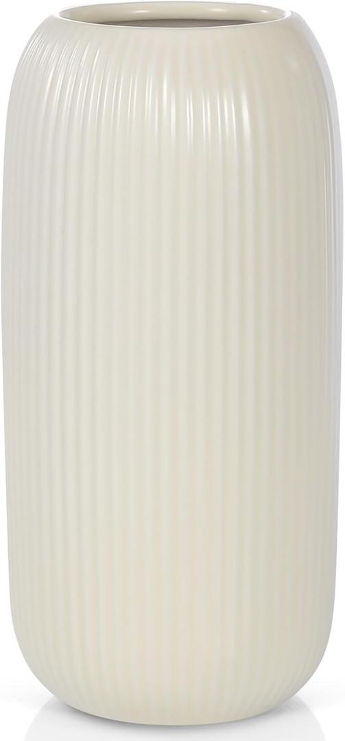 Ceramic Vase for Flowers  Modern Small Ribbed Textured Flower Vase for Home Decor, Pampas Grass, Decorative, Farmhouse, Coffee Table, Kitchen Centerpieces, Bookshelf and Home Living (Beige)