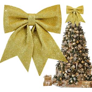 TONIFUL 12x14 Inch Glitter Bow Gold Shiny Christams Bow for Home Party Wedding Indoor Decoration Gift Wrapping Accessories, Christams Whreath Bow DIY Handcraft Bow