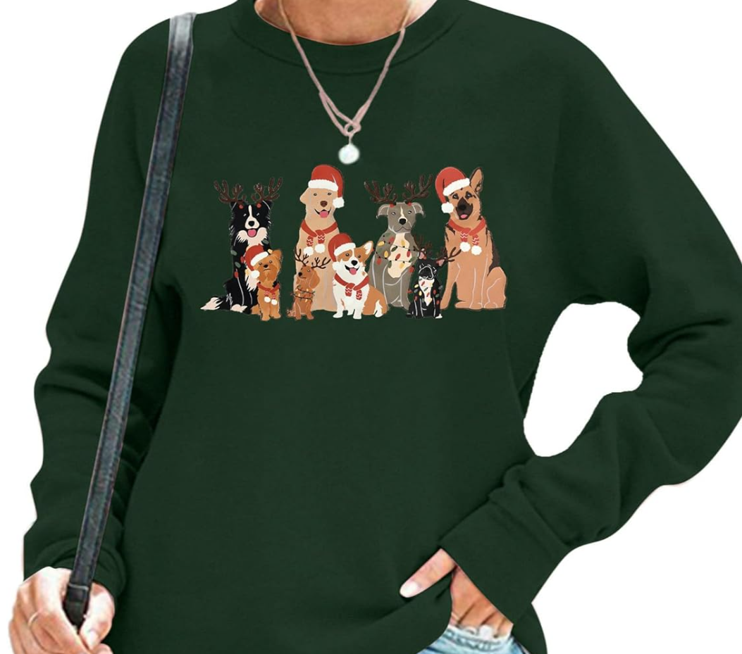 AIIWEIS Christmas Dogs Sweatshirt Women Cute Dog Lover Christmas Long Sleeve Shirt Crewneck Xmas Pullover Tops. Large