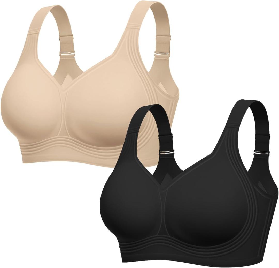 Bras for Women Supportive Wireless Push Up Bra Full Coverage No Underwire Seamless Plus Size for Older Women (X-Large, Skin+black)