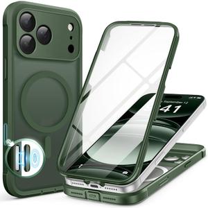 BERFY for iPhone 17 Pro Max Case, Compatible with MagSafe, Built-in 9H Tempered Glass Screen Protector and Camera Protection, Full Body Shockproof Translucent Matte Phone Case 6.9", Deep Green