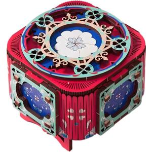 3D Wooden Puzzle Music Box with Light Up Four-Leaf Clover, DIY Mechanical Model Kit, Desktop Decoration Jewelry Box for Adults, Birthday (Rose Red)