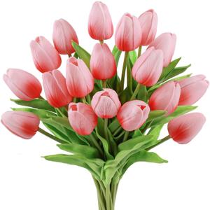 Beferr 18pcs Tulips Artificial Flowers Faux Tulip Real Touch Tulip Fake Flowers Bouquets Arrangements for Mothers Day Spring Easter Wedding Home Table Decor Coral Pink