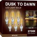 UNILAMP Dusk to Dawn Light Bulbs, Outdoor Candelabra Light Bulbs, 5W Equivalent 40W, 2700K Soft White, 500LM, Edison Vintage Filament E12 Base, Photocell Sensor for Sconces Porch Patio Garage, 6 Pack