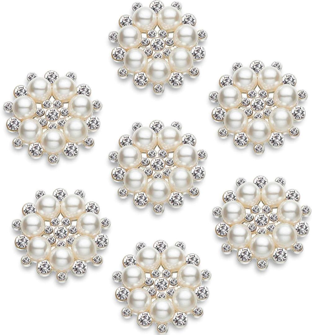 Hicarer 30 Pcs Pearl Rhinestone Flower Buttons Craft Rhinestone Embellishments Flatback Button Round Crystal for Jewelry Making Wedding Party Home Decoration and DIY