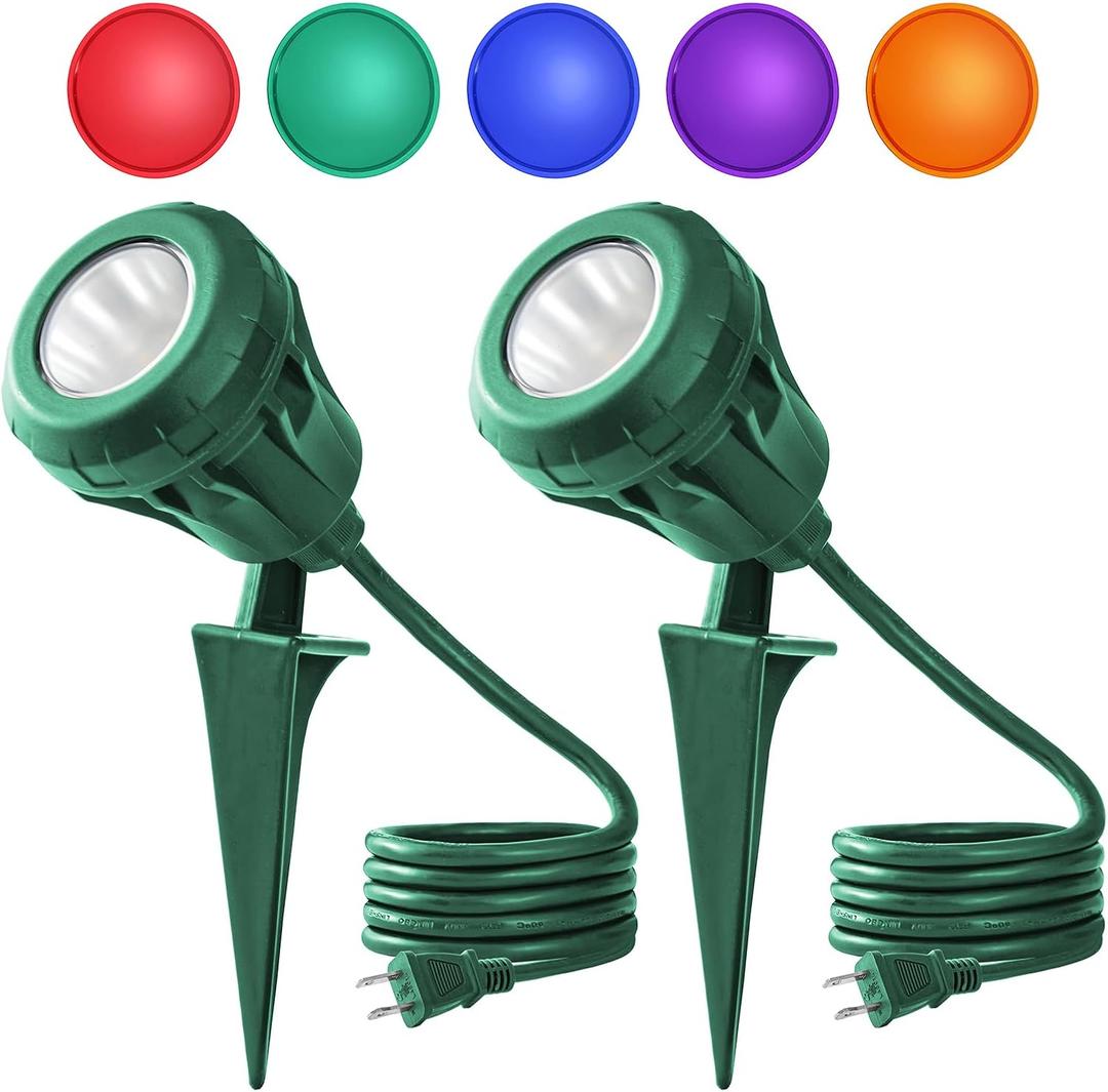 LED Christmas Spotlight Outdoor Plug in, 800LM Waterproof Flood Lights with 5 Extra Lenses (Red Green Blue Purple Orange), 5000K Landscape Light for Yard, Flag, Holiday Decor, ETL Listed, 2 Pack