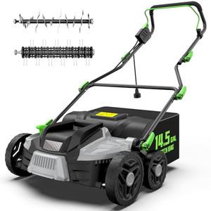 TIECTOWN 16-Inch 15.5 Amp 2-in-1 Electric Dethatcher and Scarifier with 14.5-Gallon Removable Thatch Collection Bag, Lawn Dethatcher with 5-Position Depth Adjustment, Quick-Fold, Keeps Lawn Healthy
