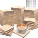60 PCS Unfinished Square Wood Coasters, SIJDIEE 4 Inch Blank Wooden Craft Coasters with Non-Slip Foam Pad Stickers for DIY Burning Stained Painting Wood Engraving Home Decoration Supplies