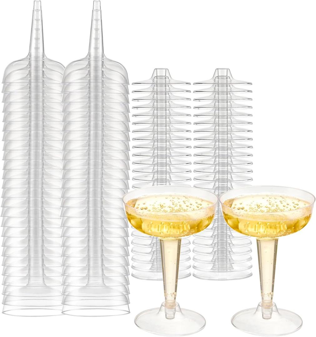 Oasis Creations Plastic Champagne Glasses Set (50 Count) 4 Ounce - Stem Cups 2 Pieces - Ideal for Birthday Party, Wedding Reception and More