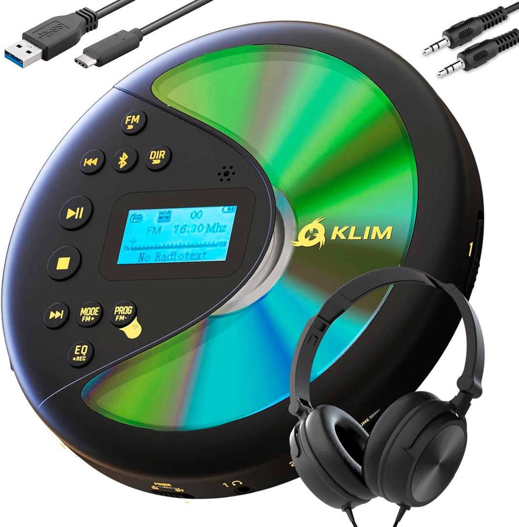 KLIM Discover with Headphones - Portable CD Player with Long-Lasting Battery - New - Radio FM - Compatible MP3 CD Player Portable - SD Card, FM Transmitter, Bluetooth - Ideal for Cars - Black/Gold