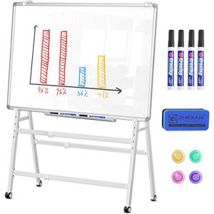 MUKUANG Double-Sided Magnetic Rolling Whiteboard, 48x36 Dry Erase Board - Adjustable Height & Width, A-Frame Foldable Easel Stand on Wheels