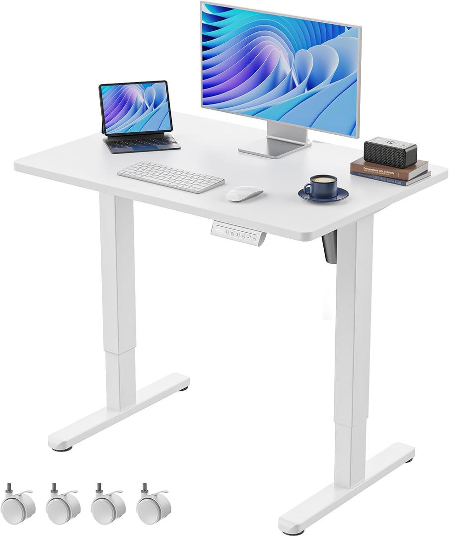 HUANUO Electric Small Standing Desk, Whole Piece Desktop, Adjustable Height Computer Desk, 4 Height Memory Settings, Sit Stand Up Desk for Home Office, 35" x 24", White