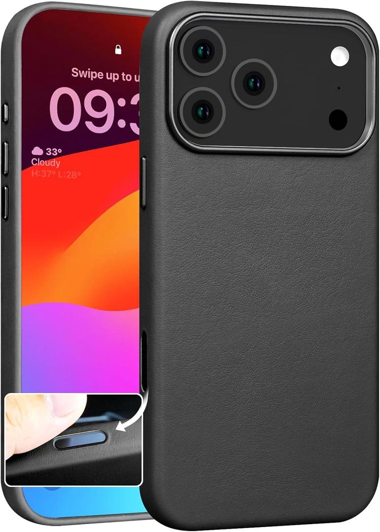 for iPhone 17 Pro Leather Case with Ai Camera Control Button Compatible with Magsafe, Top Grain Leather, Slim Fit Shockproof, Metal Buttons & Camera Bump Frame Protective Cover Black