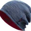 Lvaiz Winter Fleece Lined Knitted Beanie Hats for Men Reversible Windproof Watch Hat Warm Skull Cap for Women (One Size, Blue Grey+wind Red)