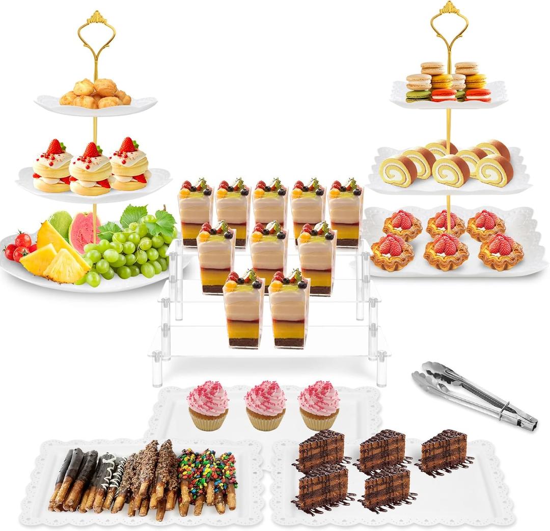 Xoogifae 7pcs Dessert Table Display Set, 2pcs Tiered Cupcake Stand Holder Tower, 1pc Acrylic Dessert Display Riser, 3pcs Serving Trays, 1pc Tong Combo For Wedding Party Birthday Bride Baby Shower