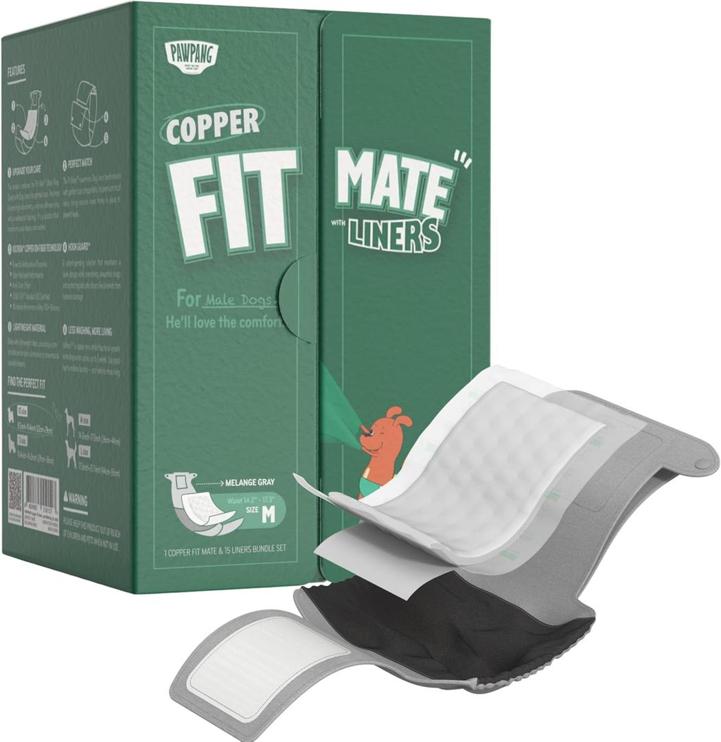 PAWPANG Copper Fit Mate Washable Male Dog Belly Band Kit  1 Reusable Male Wrap with 15 Dog Diaper Liners, Ideal for Senior Dogs, Incontinence, and Marking, M