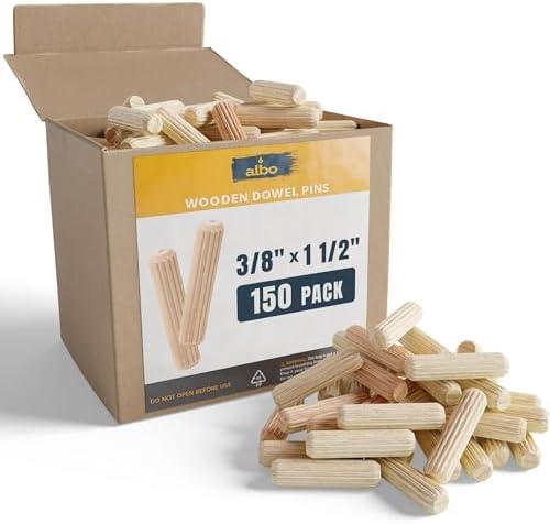 ALBO Wooden Dowel Pins 3/8 x 1 1/2 inch Fluted Wood Dowels Rods 150 Pack Hardwood Crafts Dowel Pegs