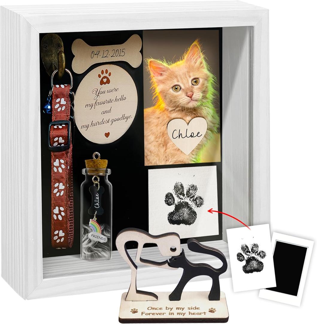 8.6'' Pet Memorial Shadow Box Gift Collar Holder White Picture Frame Paw Print Kit Rainbow Fur Ashes Bottle Pet Wood Sculpture Sympathy Passed Away Dog Cat Gift Tabletop Wall Decor PSD-4TR