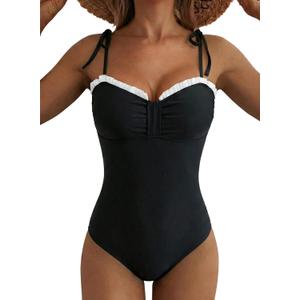 Herseas Womens Striped One Piece Swimsuits Tie Shoulder High Cut Tummy Control Bathing Suit 2026 Summer Beach Swimwear (XX-Large, Black)