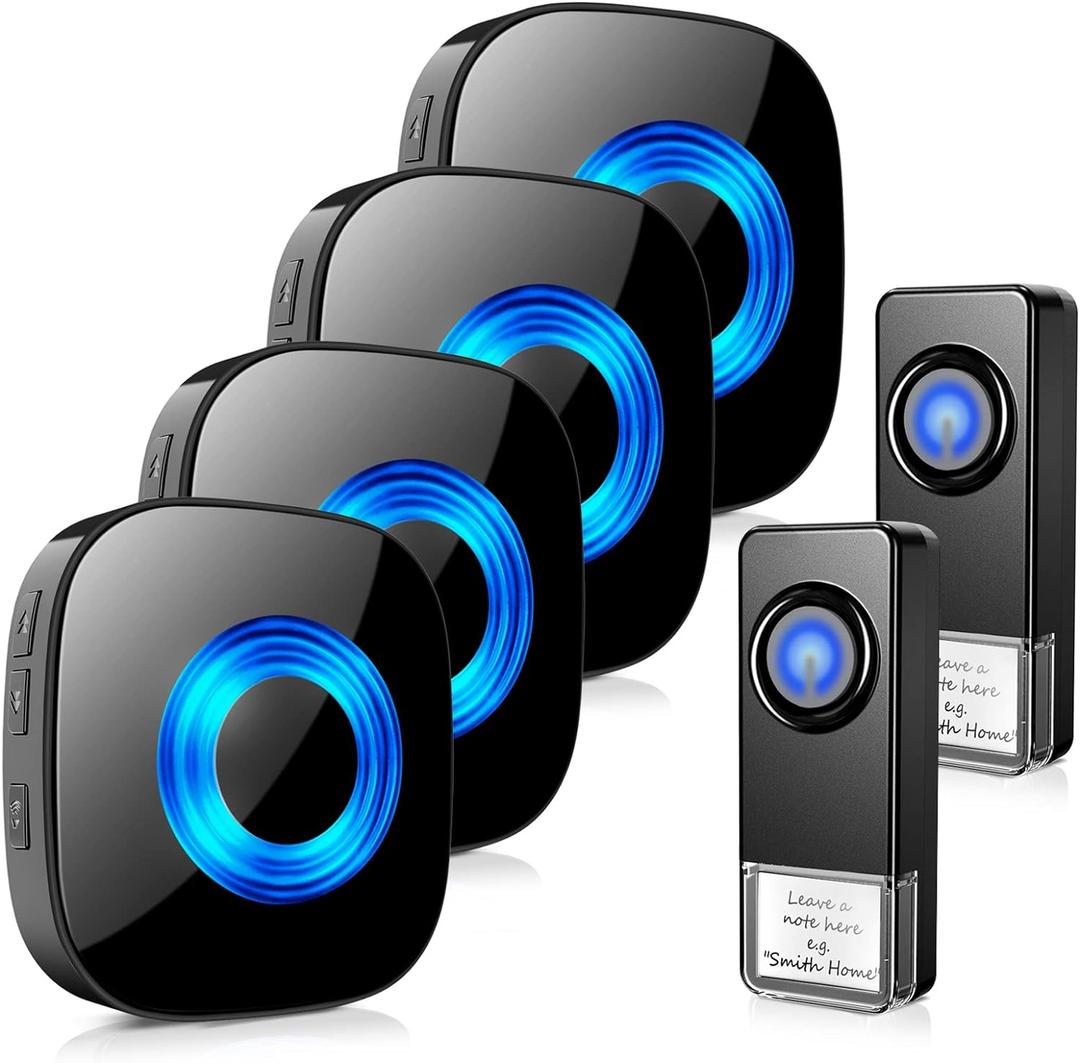 Wireless Doorbell for Home, Waterproof Door Chime Kit Operating at 1300-ft 58 Adjustable Melodies & 5 Volume Levels -PHYSEN Door Bell Wireless with LED Strobe, 2 Push Buttons + 4 Plug in Receivers (Black)