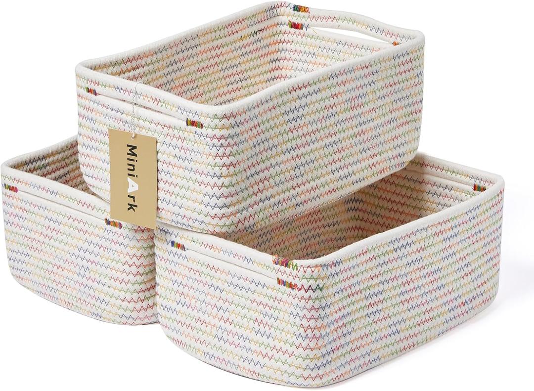 Small Storage Baskets for Organizing | Closet Organizer Bins | Shelf Toy Basket | Woven Rope Baskets | Cube Decorative Box | Shallow Basket | 13x8.5x5.1 | 3 Packs Rainbow
