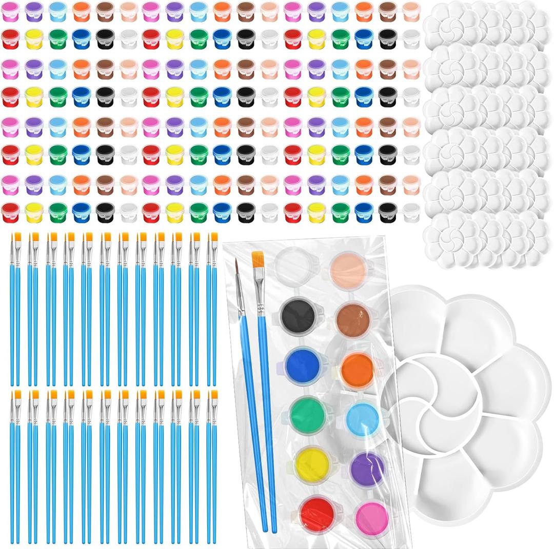 Fulmoon 24 Set Acrylic Paint Kits for Kids Adults Washable Mini Painting Kit Arts Crafts Party Favors Filled Strips Brushes Palettes Bulk for Classroom Home Kit Supplies (Vivid Color)