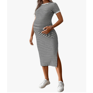 Women's Casual Striped Maternity Dress Short Sleeve Sleeve Split Thigh Bodycon Dresses Pregnancy Clothes, Size XXL