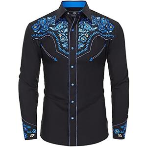 SALVAJE OESTE Western Embroidered Cowboy Shirts for Men, Casual Button Down Long Sleeve Shirt Floral Design Retro Shirt L