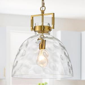 13.8" Gold Glass Pendant Light, Clear Glass, E26 Hanging Light, Oversized
