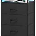 Somdot Black Nightstand with Charging Station and LED Light for Bedroom, Tall 4 Drawers Dresser with Fabric Bins for Bedside Kids Dorm Room Closet Laundry Entryway, Black